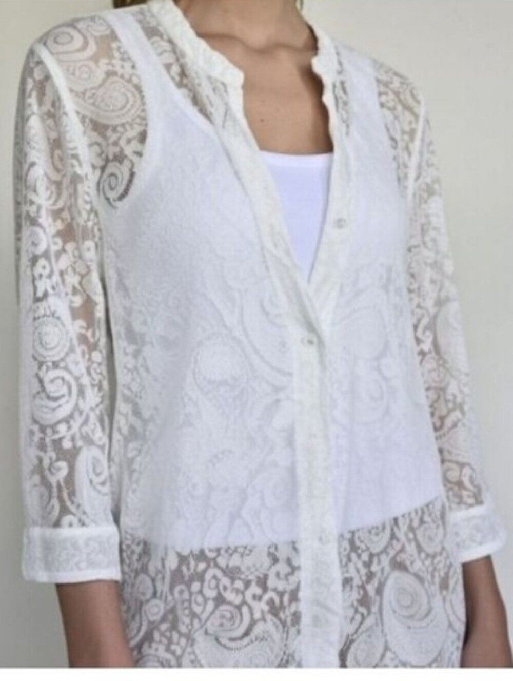 Liz Claiborne White Sheer Paisley Floral Tunic Blouse Size XL